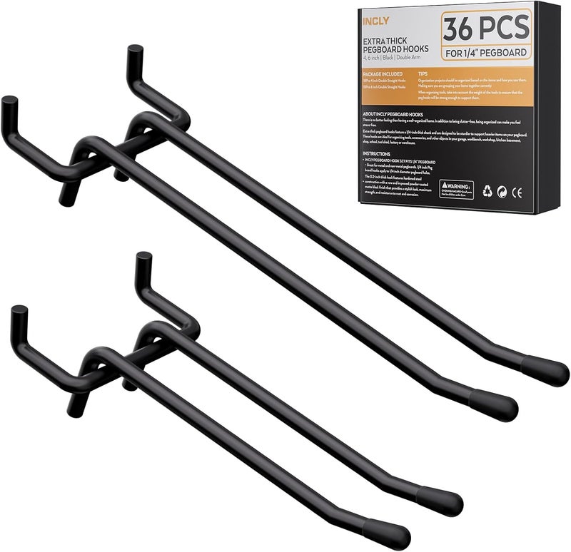 INCLY 4/6 Inch Black Pegboard Hooks, 36 Pack Heavy Duty Double Arm Peg Board Straight Hooks, Peg Board Tool Hangers Fit for 1/4" Pegboard Garage Hanging Tools, Craft Organizing, Kitchen, Store - Image 1